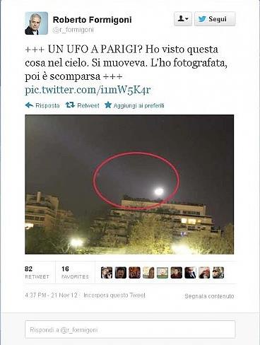 Formigoni 'vede un Ufo' e posta la foto su Twitter - 22/11/2012