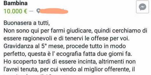 INCREDIBILE POST SU FACEBOOK: ''VENDO BAMBINA'' (CON TANTO DI ECOGRAFIA) - 22/10/2017